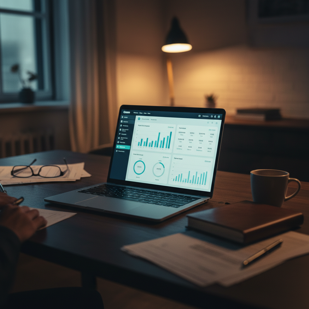 Laptop on a dark wood desk showing a dashboard, with a blue ambient glow creating a cinematic feel for an agency workspace.