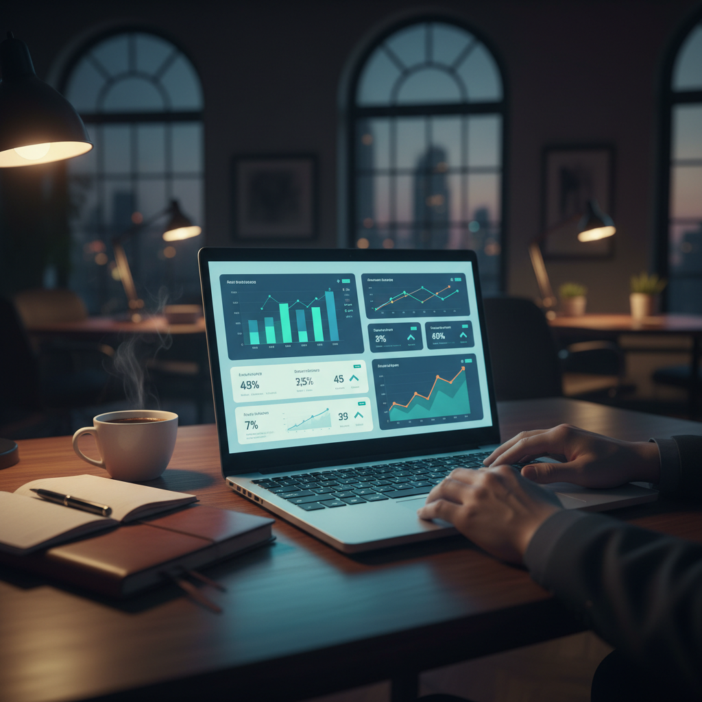 Laptop on a dark wood desk showing a marketing analytics dashboard, representing agency operations and profitability.