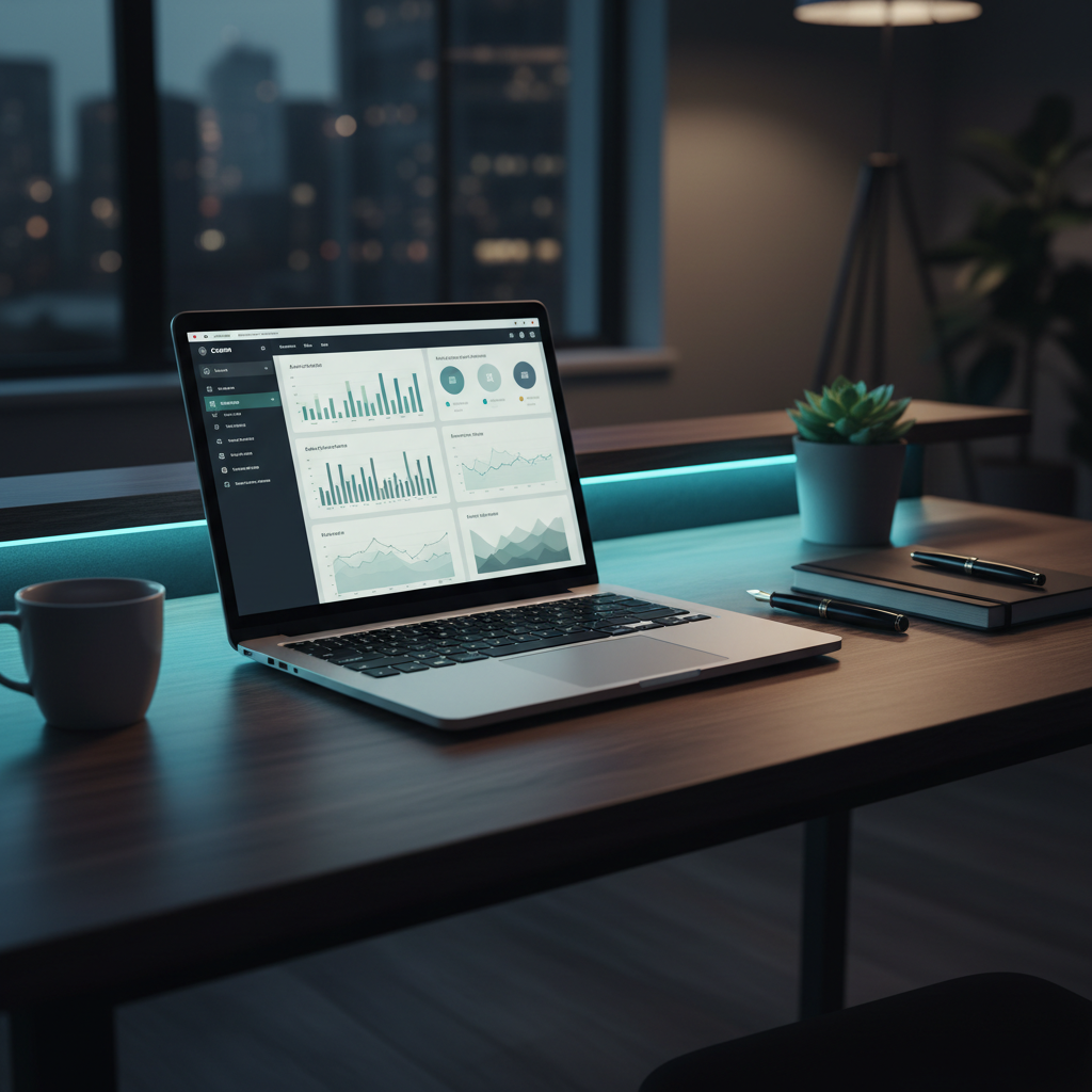 A cinematic shot of a dark wood desk with a laptop displaying a data dashboard, symbolizing an agency operator's workspace.