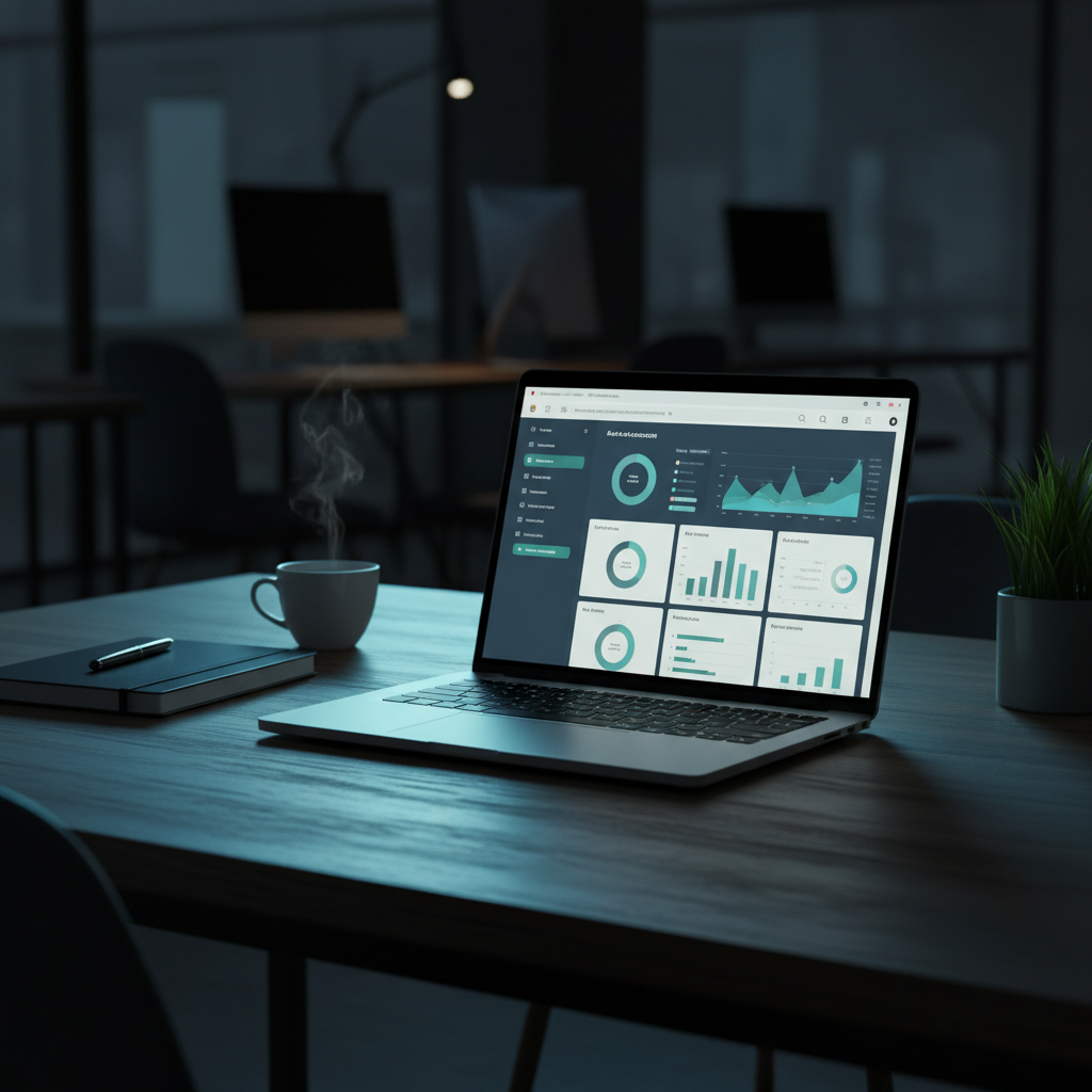 A cinematic view of an AI operator's desk, with a laptop displaying a data dashboard casting a blue glow on a dark wood surface.