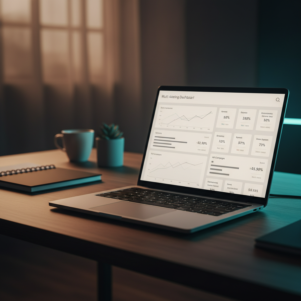 A laptop on a dark desk displays a marketing dashboard with charts and graphs, illuminated by a soft office light.