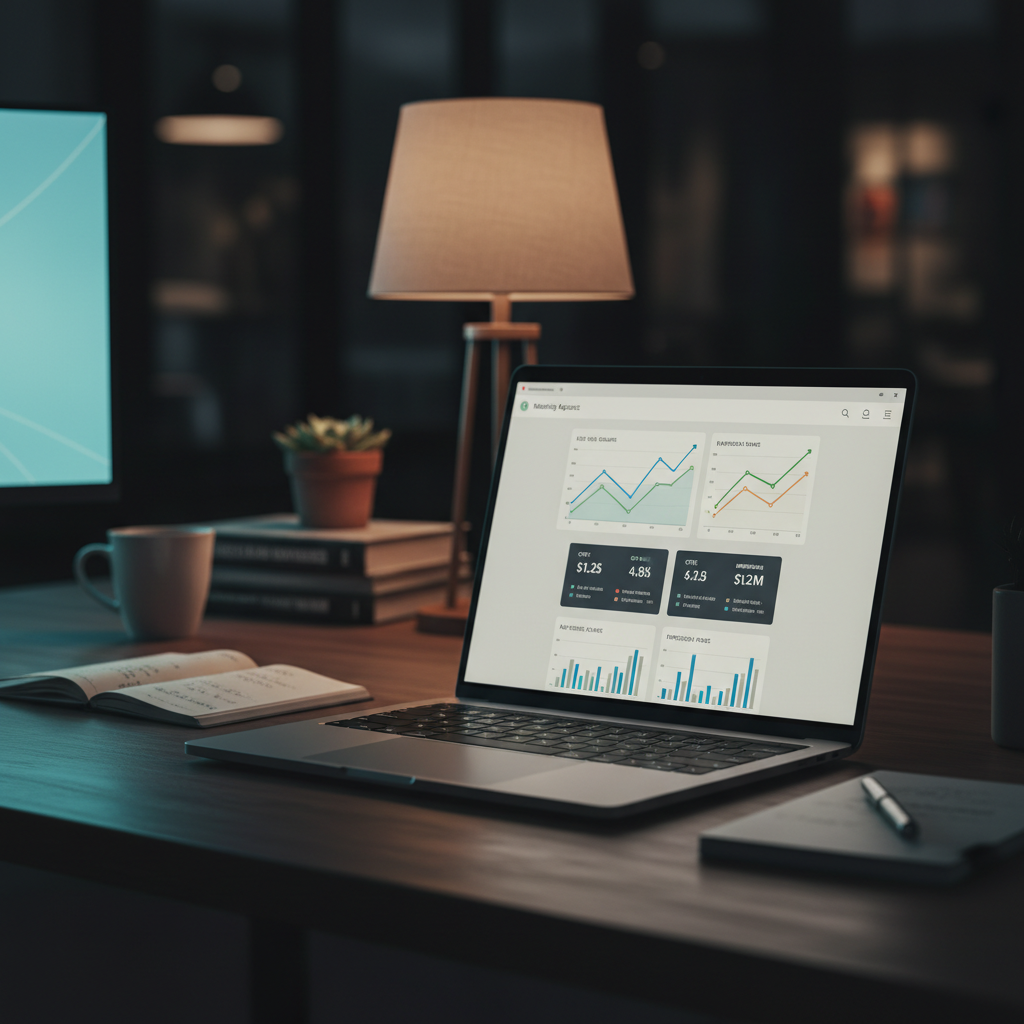 A laptop on a dark desk showing a marketing dashboard, representing an agency operator's workspace at night.