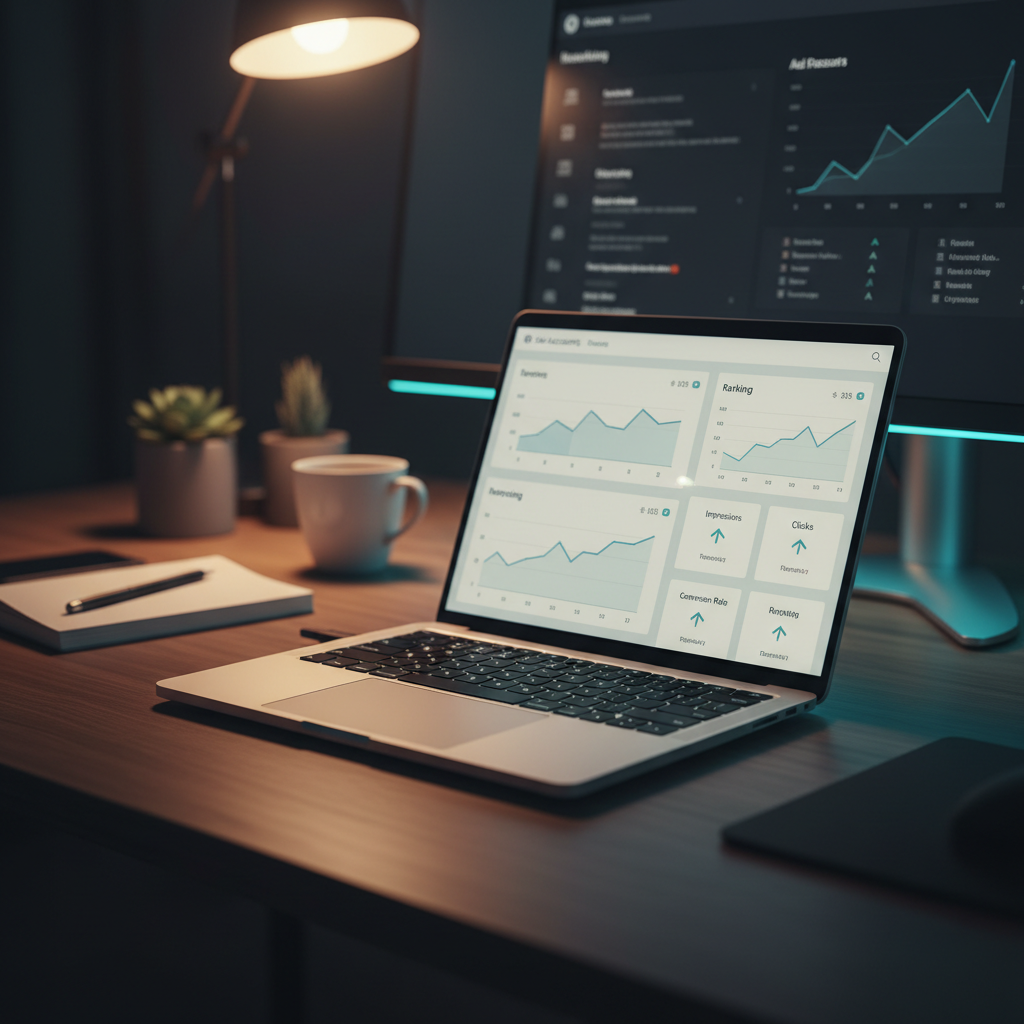 Late-night view of an agency operator's desk with a marketing dashboard on a laptop.