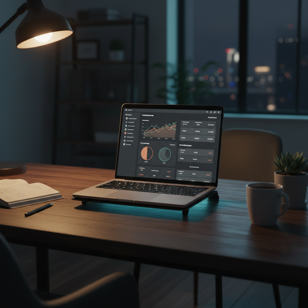 Close-up of a laptop on a dark wooden desk, displaying a multi-account marketing dashboard, with soft, late-night office lighting and a subt