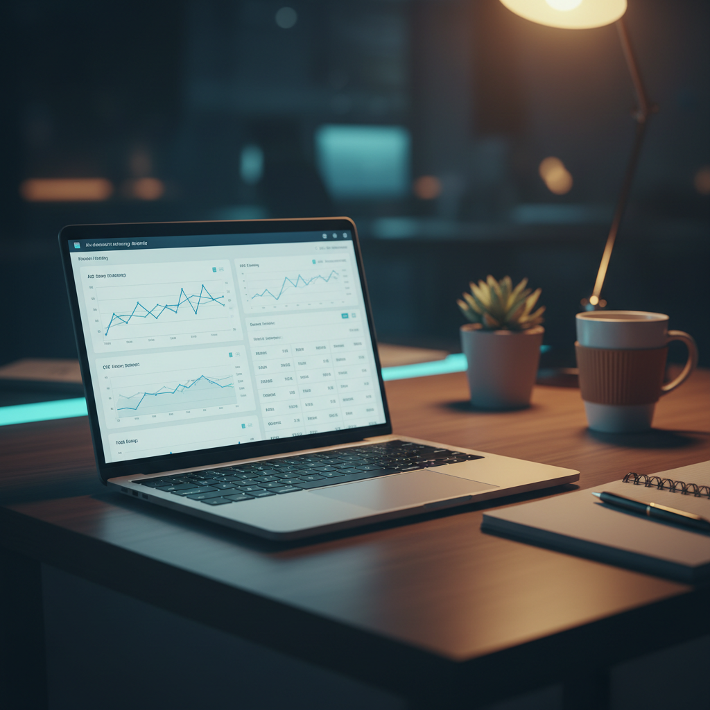 Elevated view of a sleek agency workspace at night, a laptop displaying SEO dashboards, surrounded by an organized desk lit by soft, ambient