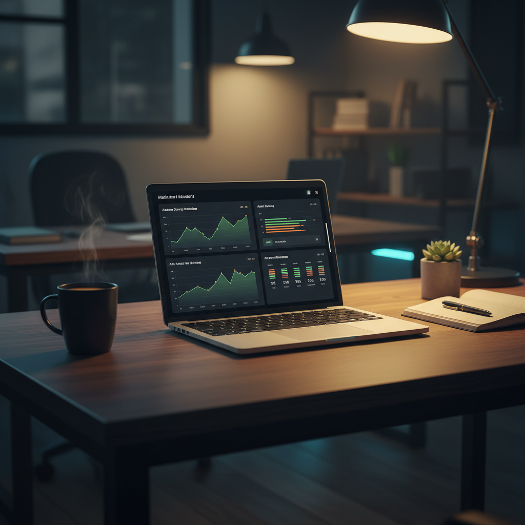 An agency operations manager reviews a paid ads dashboard on a laptop with soft, late-night office lighting and a subtle blue glow.