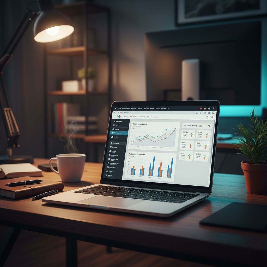 Account manager overseeing multiple marketing campaigns on a laptop with a multi-account dashboard in a dimly lit, modern office setting.