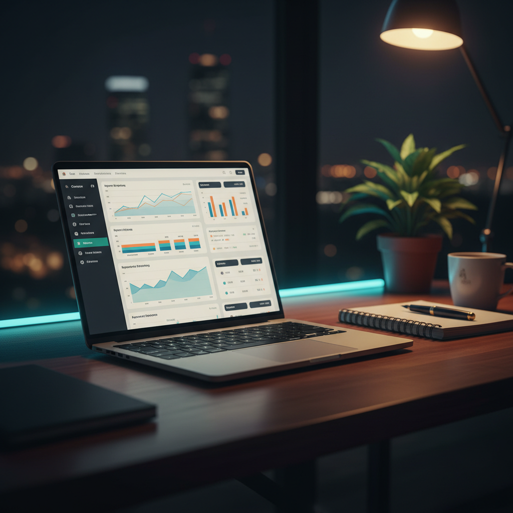 Late-night agency workspace, laptop displaying a complex marketing dashboard, hinting at the operational challenges of managing multiple acc