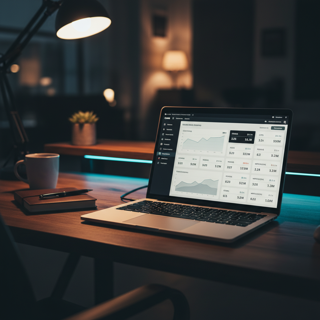 Agency professional analyzing multi-platform marketing data, focusing on white-label paid ads performance on a laptop screen.