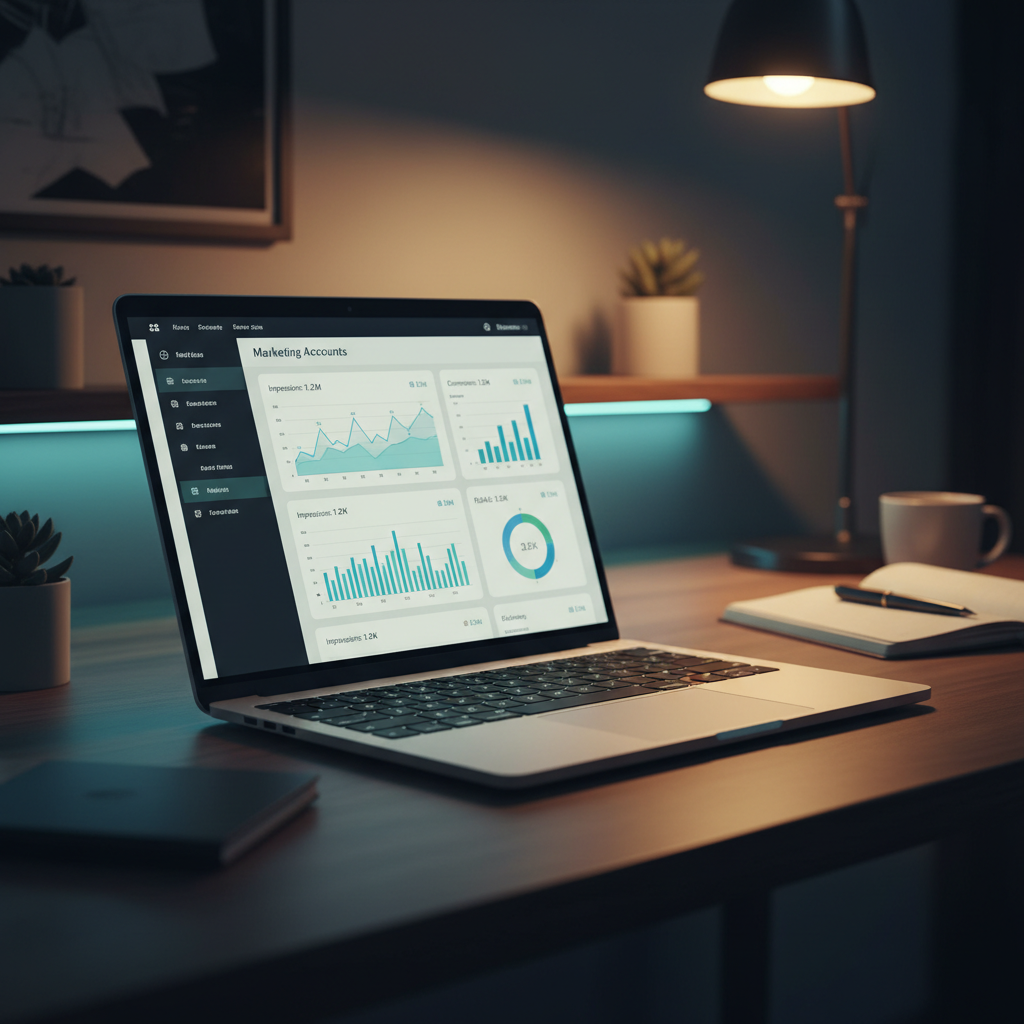 An agency operator's multi-screen workspace at night, showing a marketing dashboard focused on local SEO performance and GBP management.