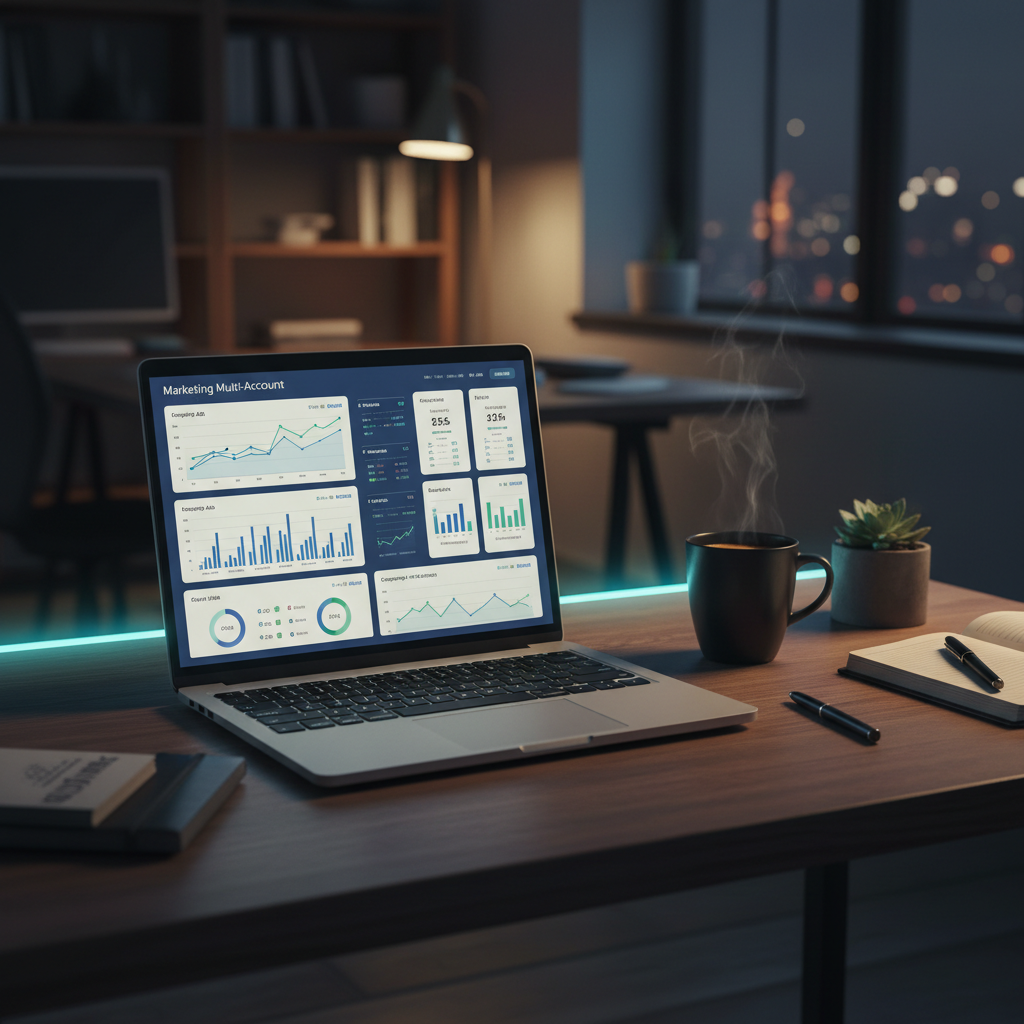 An agency operator working late, laptop screen showing complex marketing dashboards with multiple client accounts, illustrating cross-channe