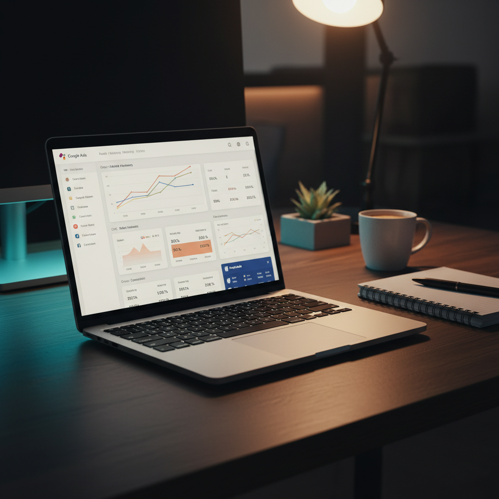 Agency professional working late, meticulously managing multiple client accounts from a dashboard on a laptop with soft blue glowing accents