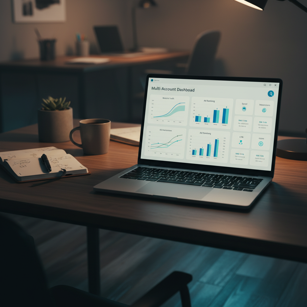 Agency operator's desk at night, laptop displaying an SEO dashboard for multiple clients across different industries.