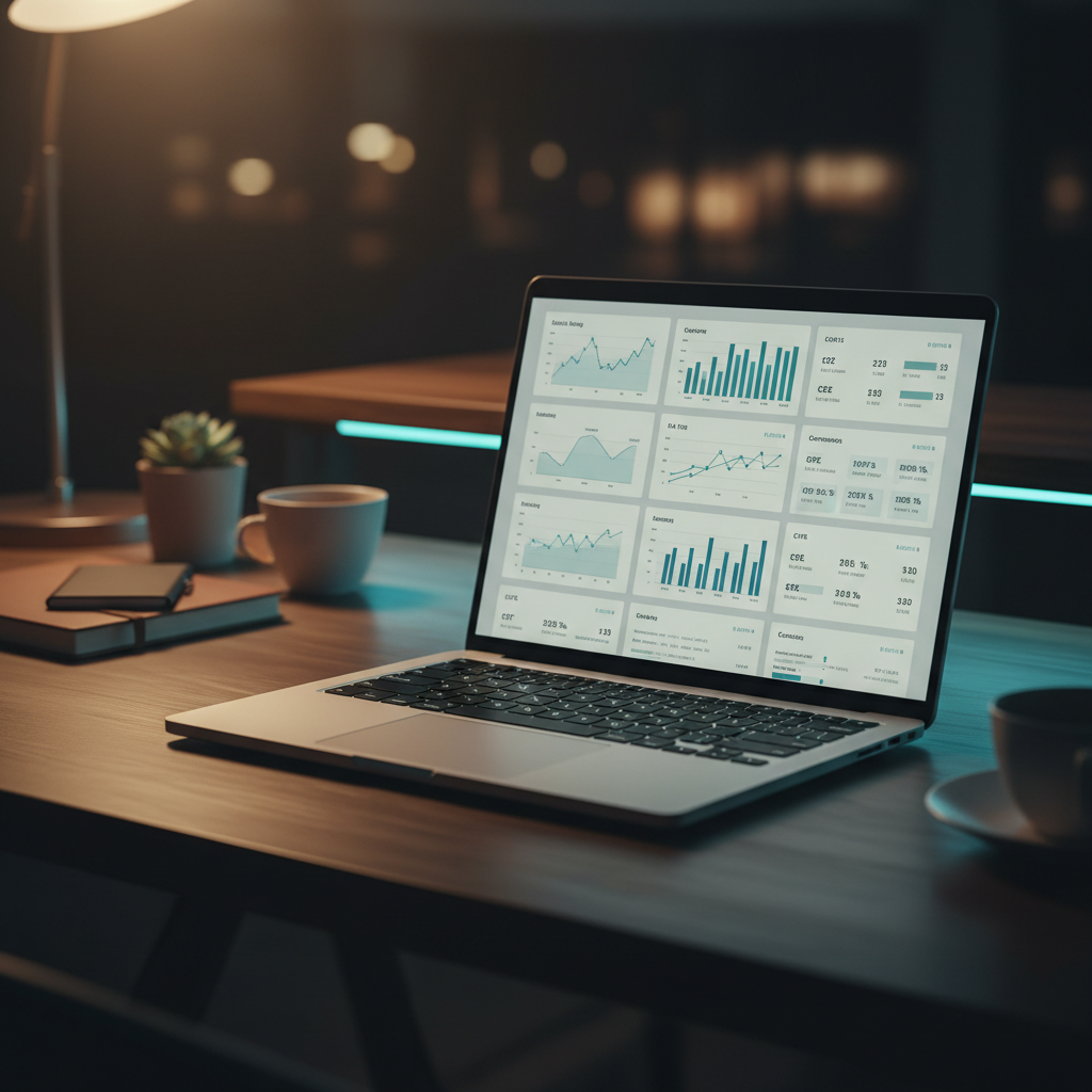 Late-night agency workspace with a laptop displaying a multi-account marketing dashboard, symbolizing effective white-label reporting.