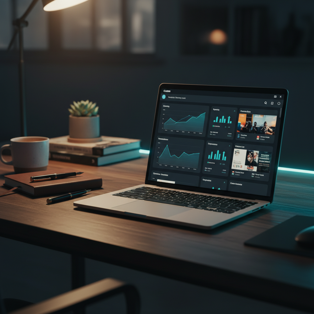 An agency operator's desk at night, laptop open to a multi-account marketing dashboard, indicating late-night work on local SEO strategies.