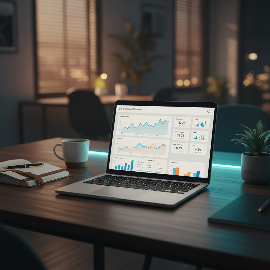 An agency operator's desk at night, laptop displaying marketing dashboards, subtly lit, hinting at diligent client work and reporting.