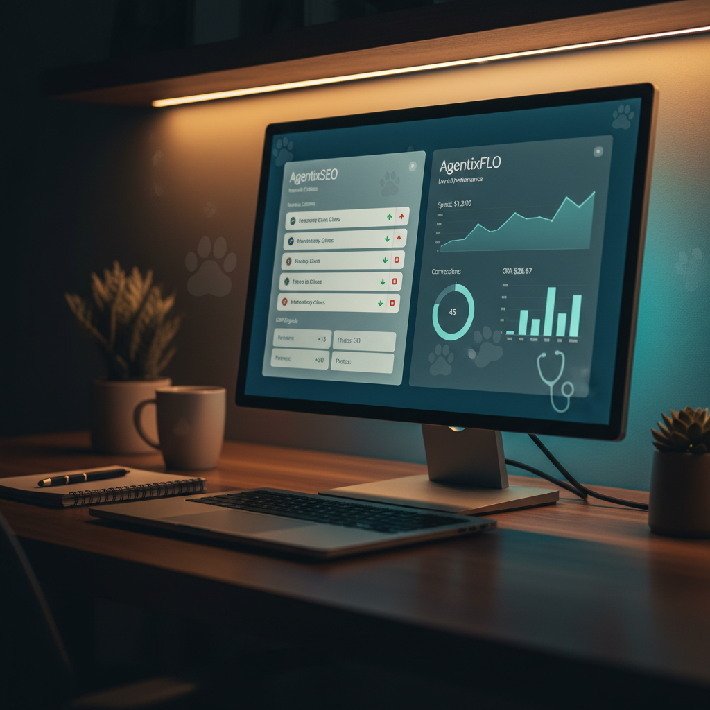 AgentixSEO and AgentixFLO dashboards displaying performance data for Norwalk veterinary clinics, representing a winning strategy.