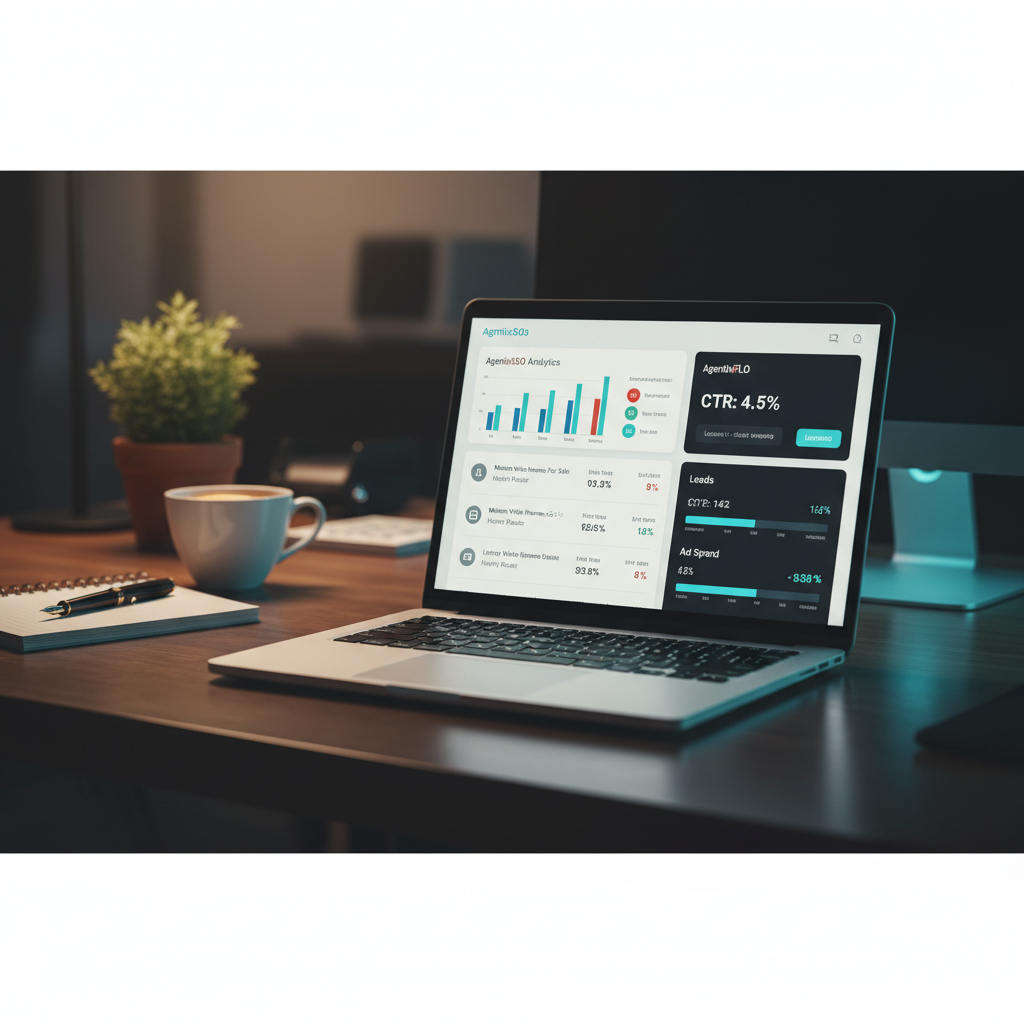 Dashboard showing AgentixSEO metrics and AgentixFLO Meta Ad performance for Mission Viejo real estate agents