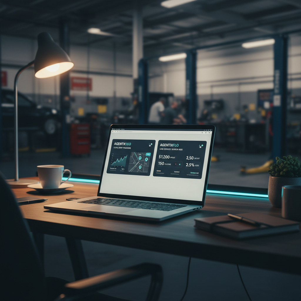 AgentixSEO and AgentixFLO dashboards over a Passaic auto body shop, symbolizing organic ranking and paid ad success in the local market.
