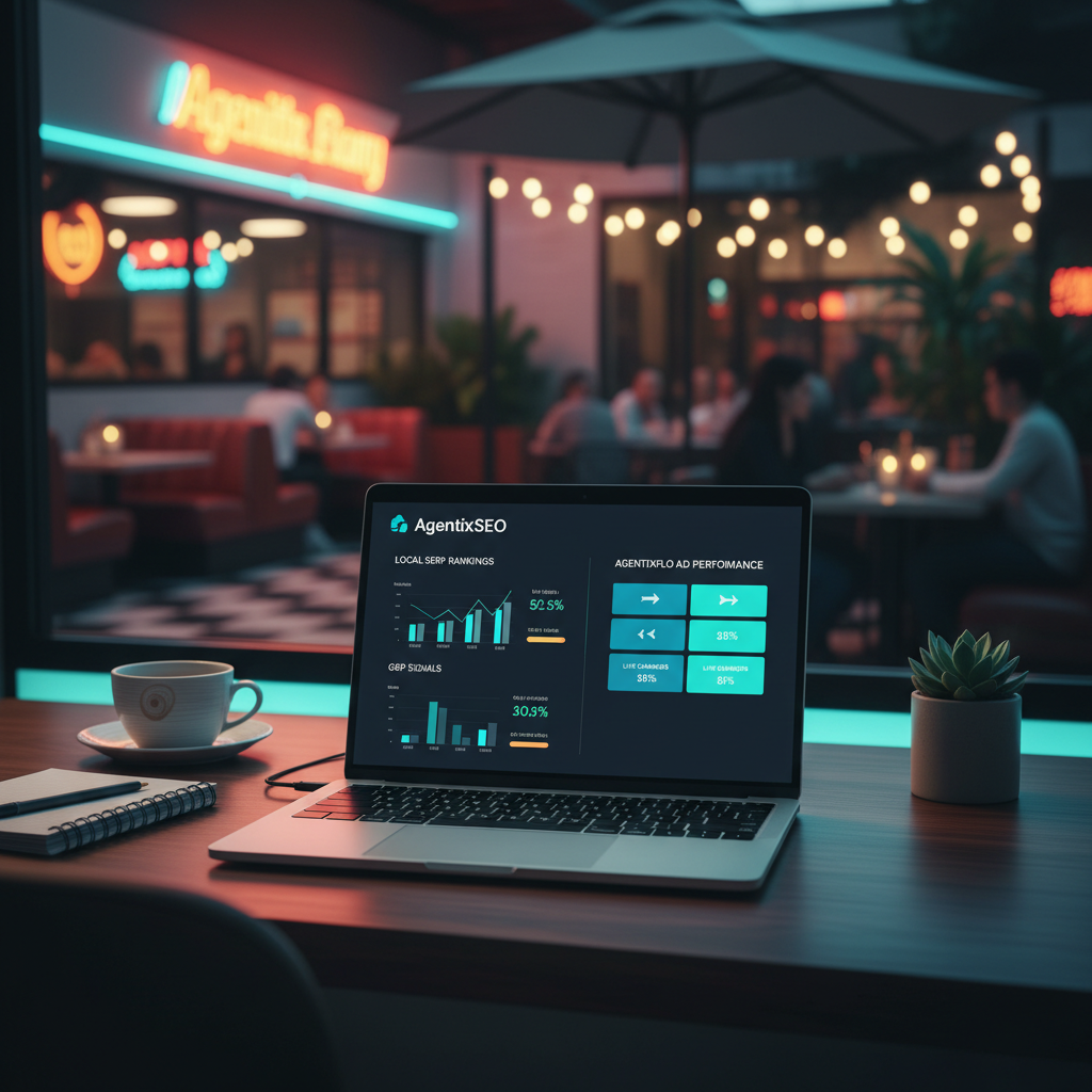 AgentixSEO and AgentixFLO dashboards on a modern desktop, overlaid with subtle restaurant imagery from Montebello, CA.